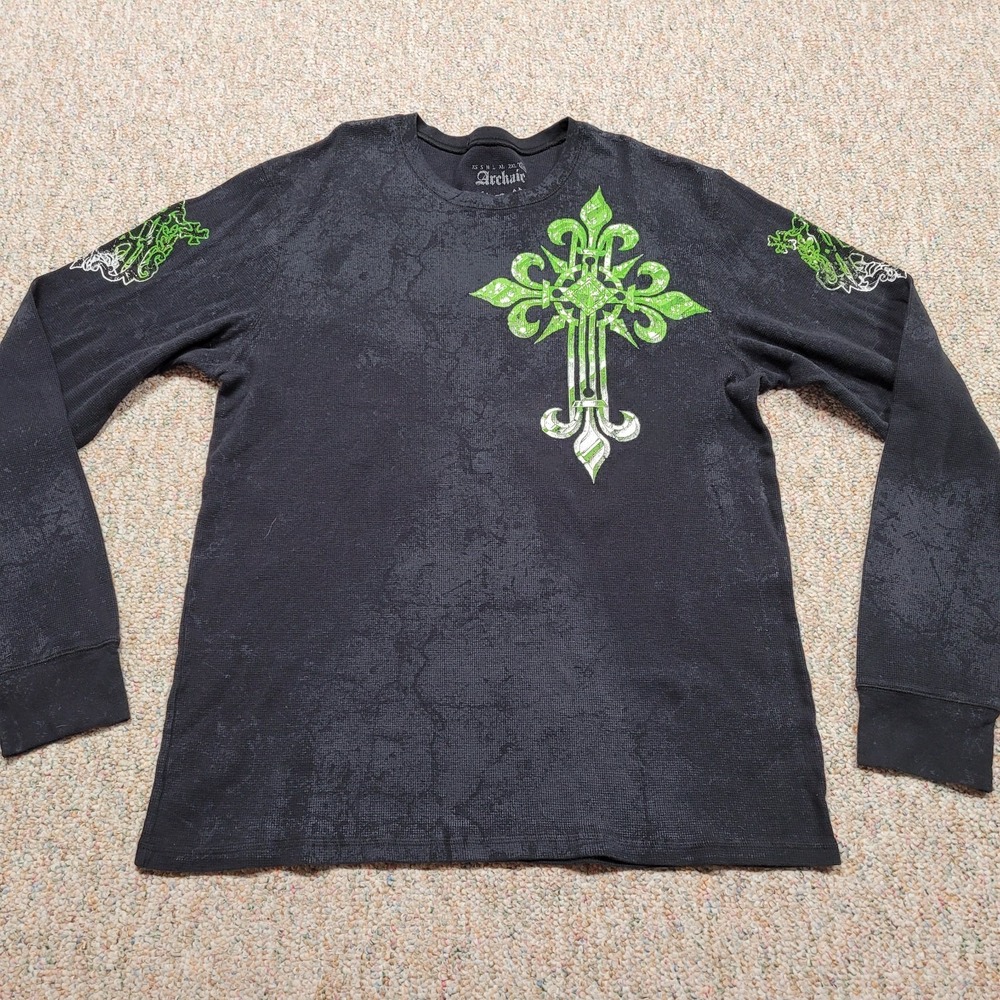 Archaic Shirt Mens‎ 3XL Black Long Sleeve Thermal Knit Cross Grunge Affliction